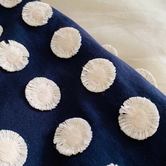 MADEWELL Shirred Ruffle-Hem Mini Dress Sz M Navy Polka Dot Applique Daisies EUC - Picture 7 of 8